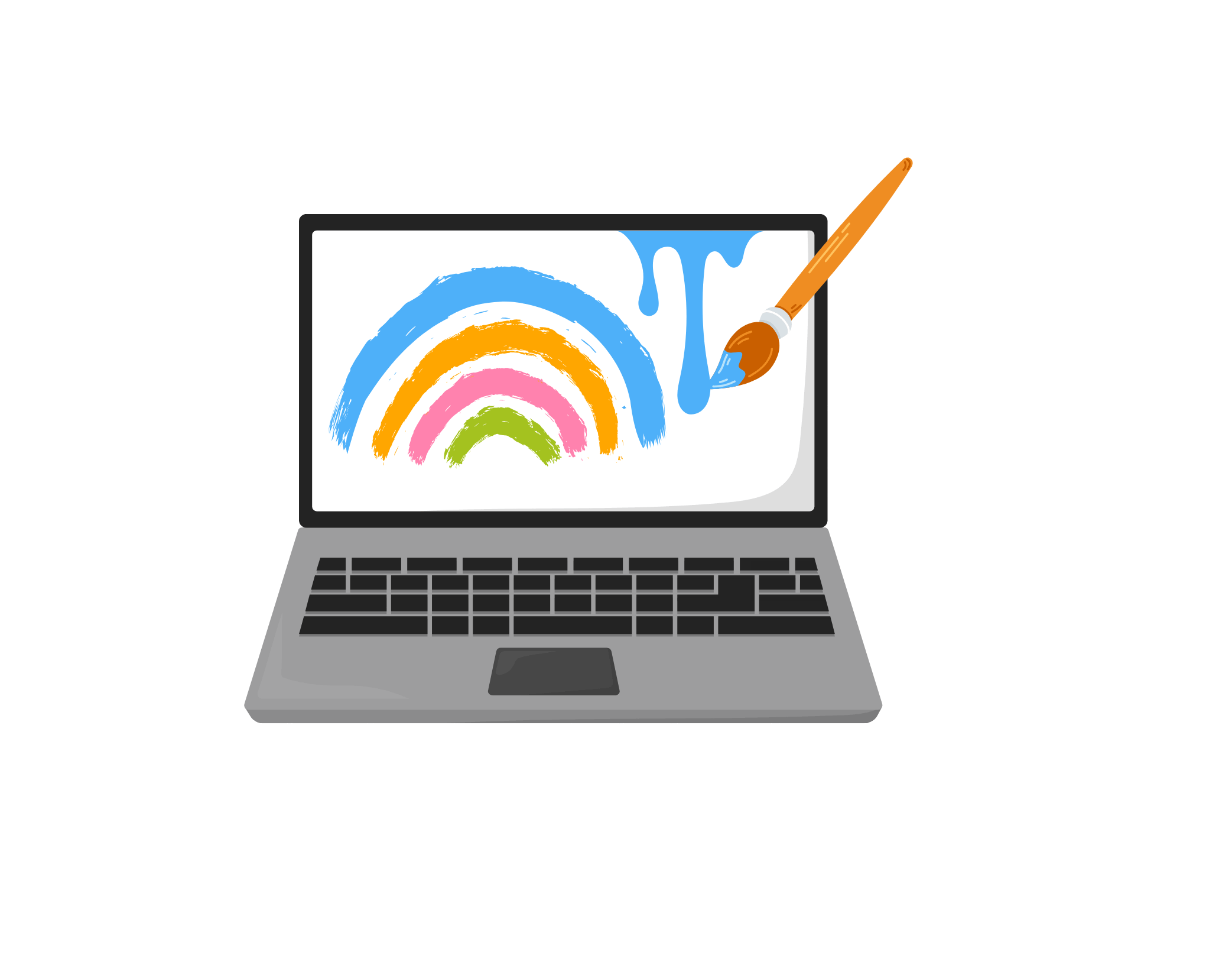 Grey laptop with a rainbow and paintbrush on the screen representing graphics creation