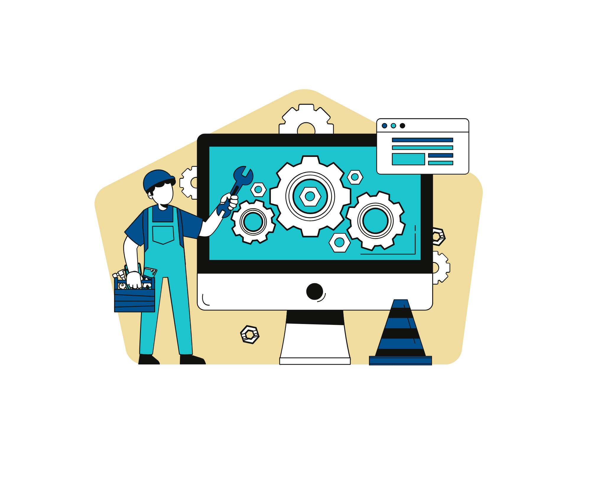 Colourful icon of a screen with gears and an engineer is standing next to it representing WordPress website services