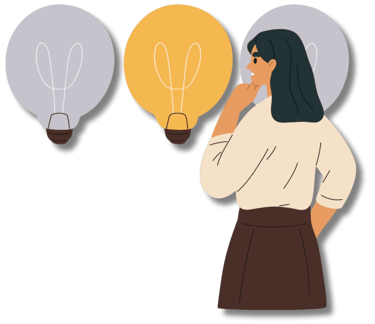 Woman standing in front of light bulbs thinking.