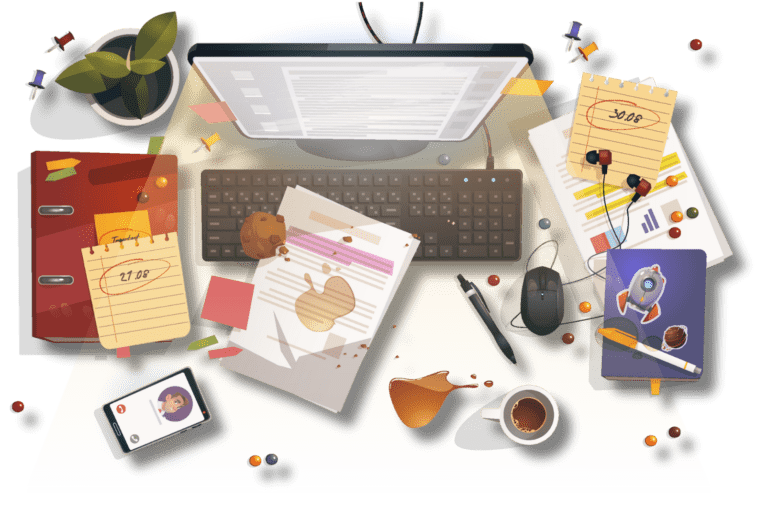 A cluttered work desk with scattered paperwork, coffee stains, and a messy workspace.