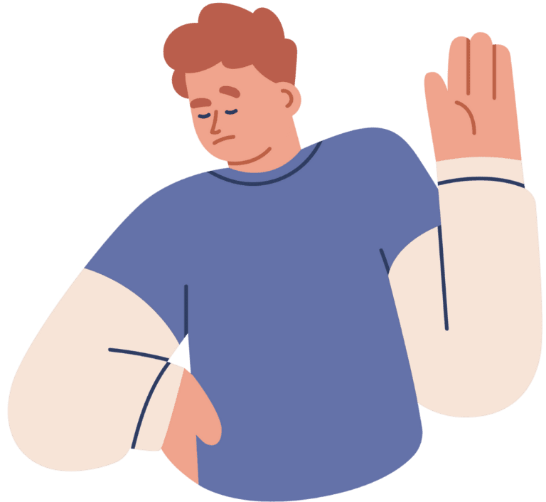 Illustration of a person with a hesitant expression and raised hand, symbolising caution or avoidance.