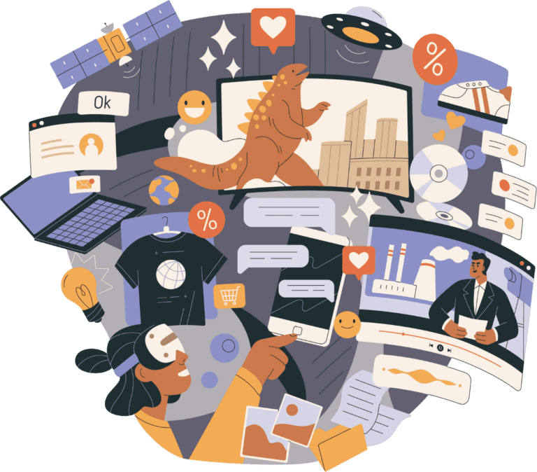 An illustrated depiction of digital clutter, featuring multiple screens, notifications, messages, and media elements surrounding a person navigating the digital world.