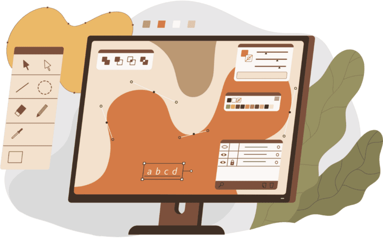 A stylized digital illustration of a computer screen displaying a design and editing interface, representing digital tools for creativity and productivity.