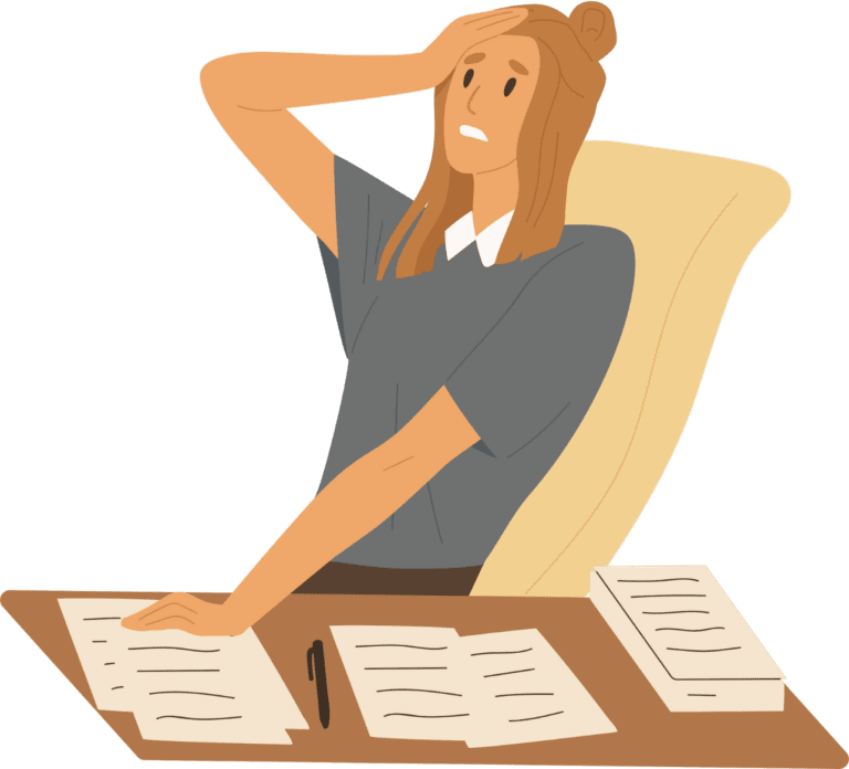 Illustration of a worried woman sitting at a desk with papers, holding her forehead in frustration, possibly after making a mistake.