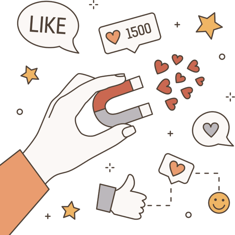 Illustration of a hand holding a magnet attracting hearts, likes, and social media icons, symbolising engagement and popularity online.